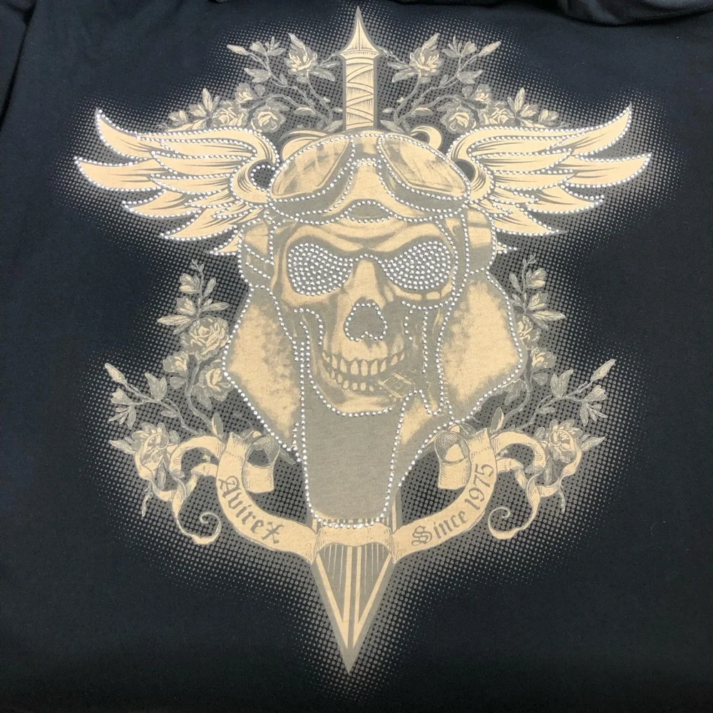 Avirex Cotton Black Tan Studded Skull Winged Shoulder Rivet Oversized T-shirt XL - Picture 7 of 10